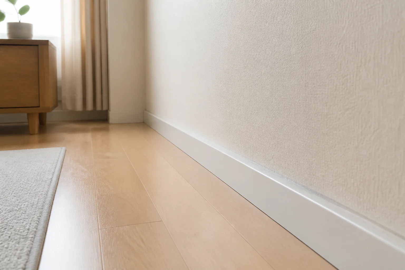部屋の端にある巾木の範囲を確認する場面