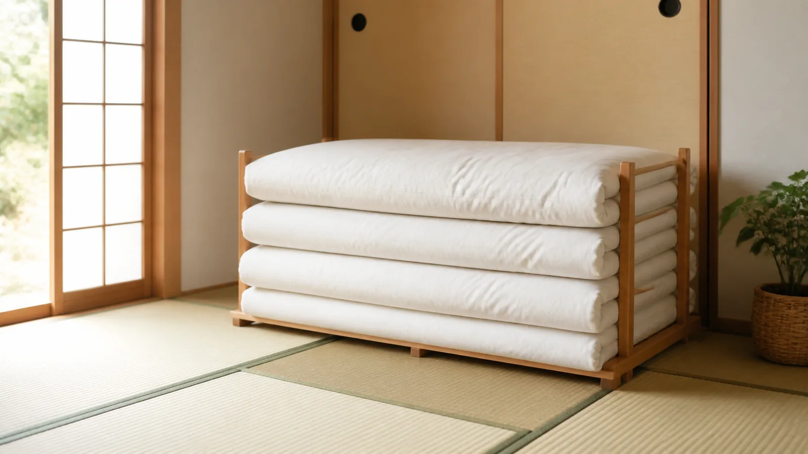 乾いた敷布団を通気性のある場所へ収納する様子
