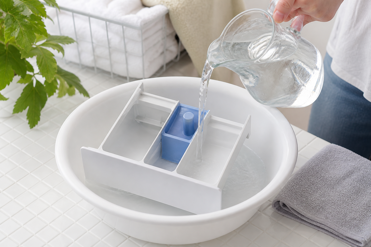 外した洗剤ケースを水でやさしく洗う様子