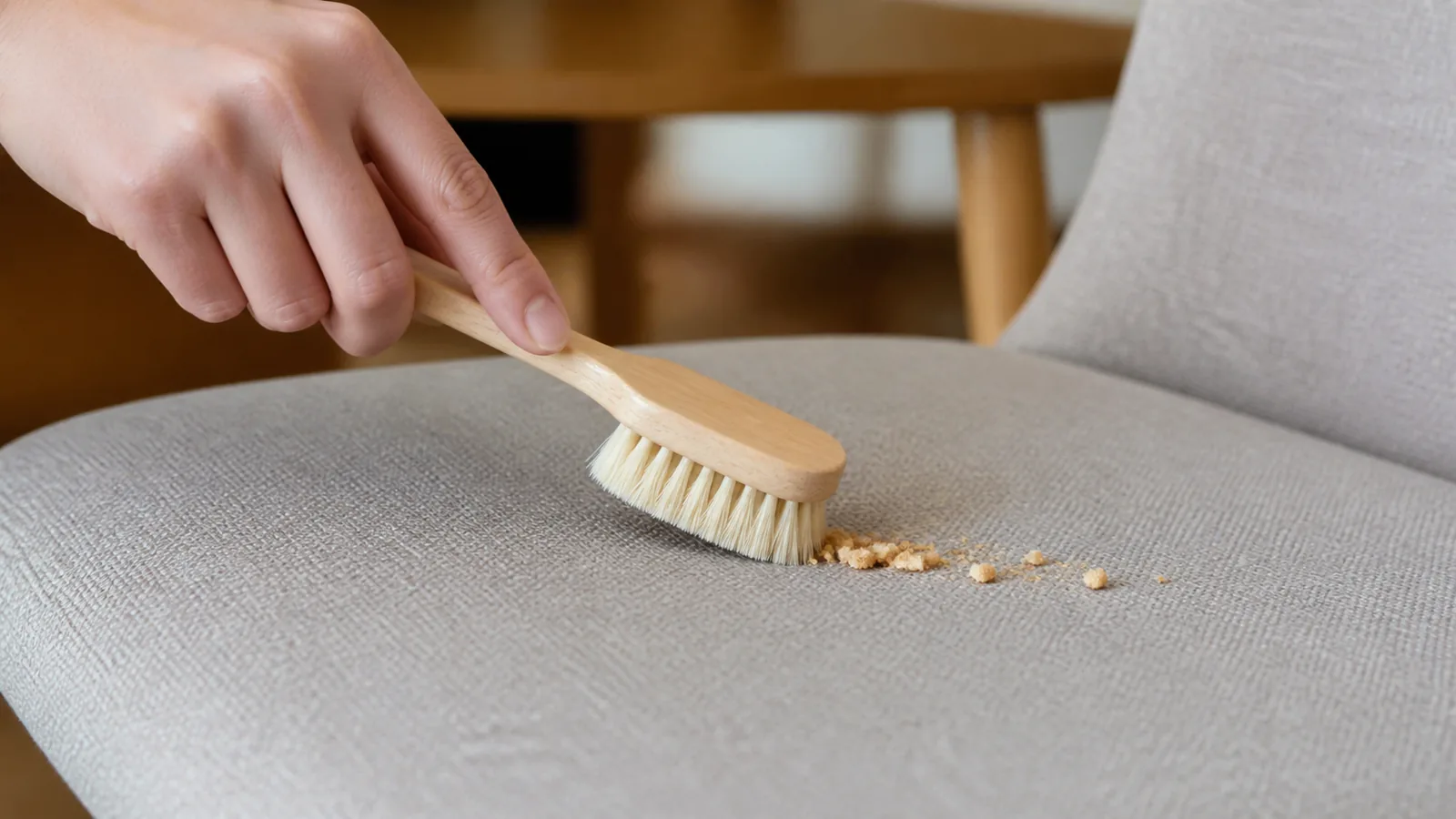 椅子の座面の乾いた食べこぼしを柔らかく集める手元