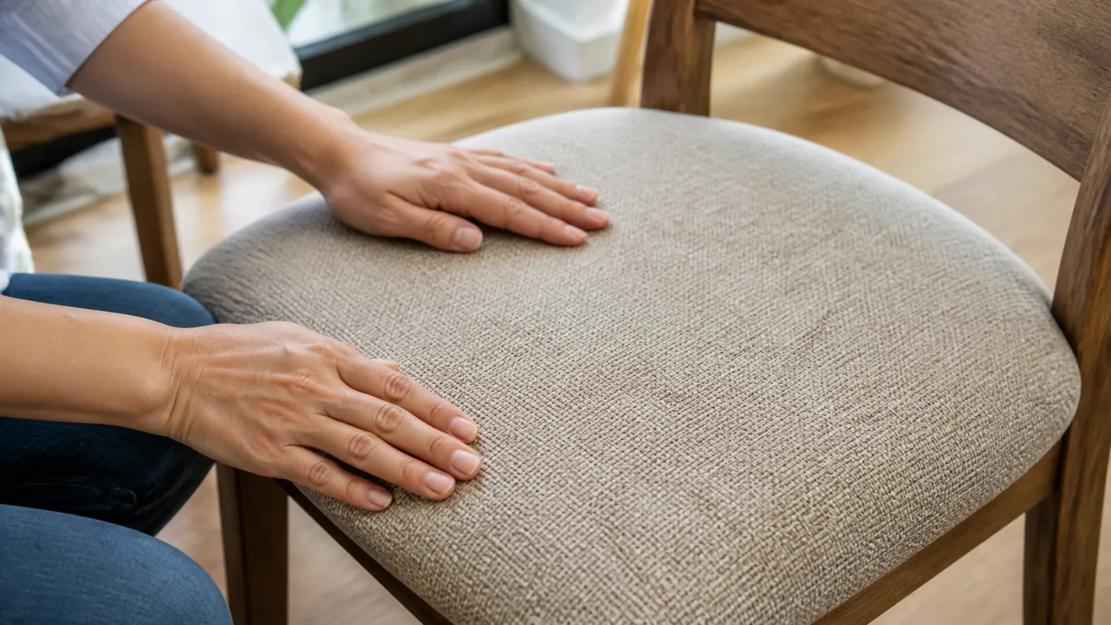 ダイニングチェアの座面素材を確認する手元