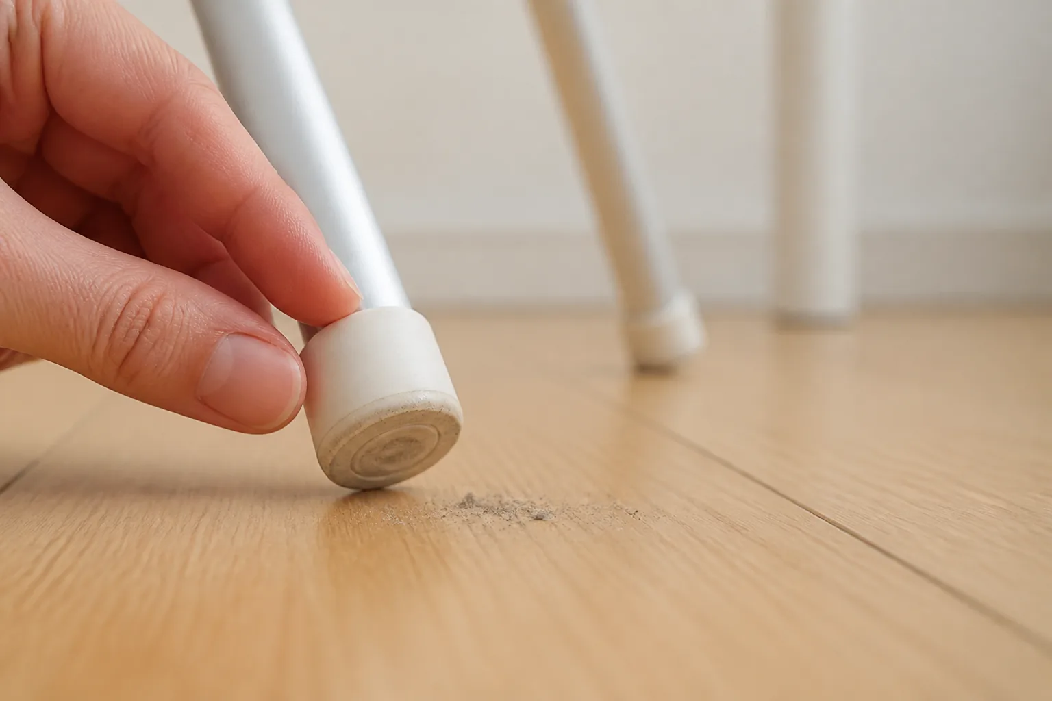 物干しスタンドの脚底を持ち上げて確認する低い構図