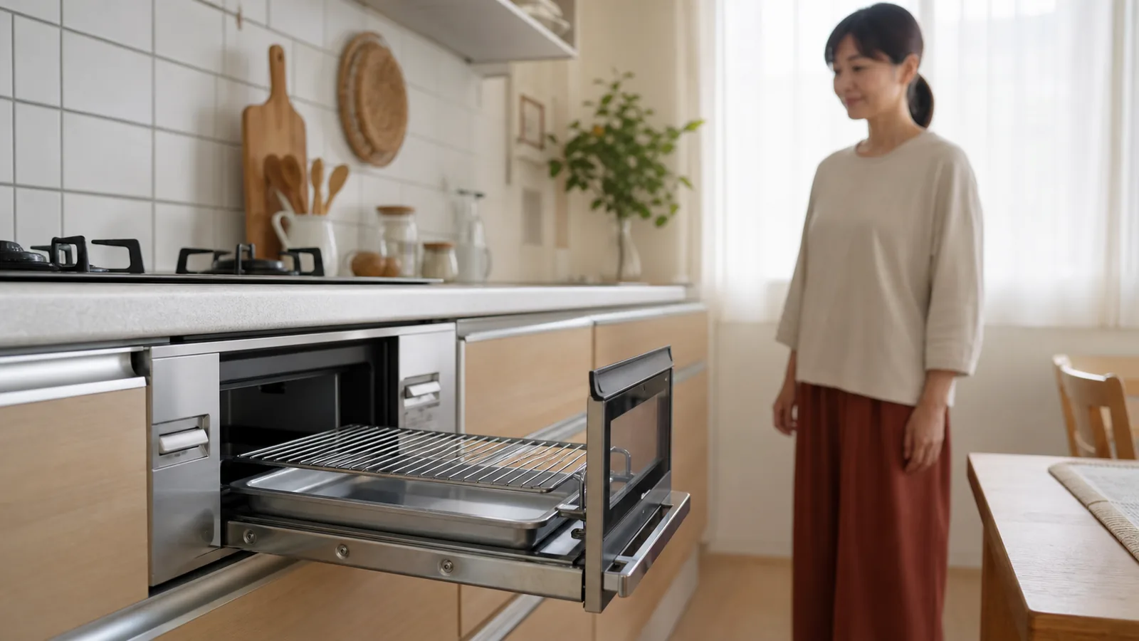 使用後のグリルが冷めたことを確認する場面
