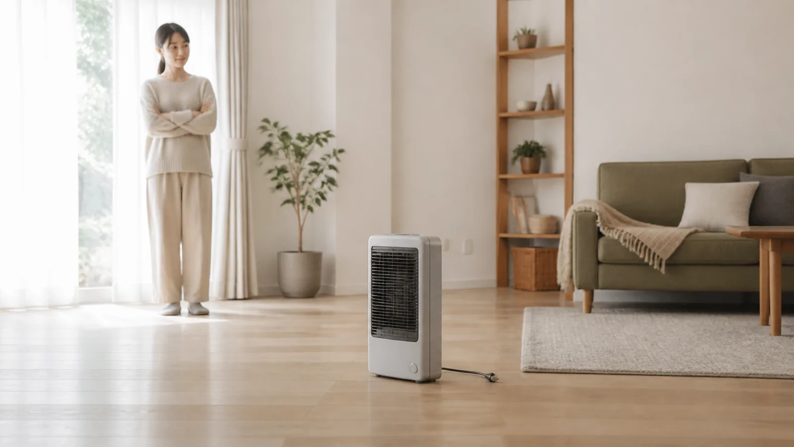 電源を切った暖房器具が冷めるのを確認する場面