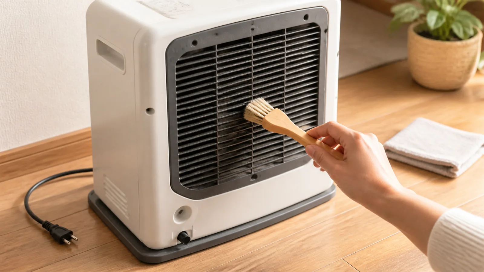 暖房器具の背面吸気口を乾いた道具で整える場面