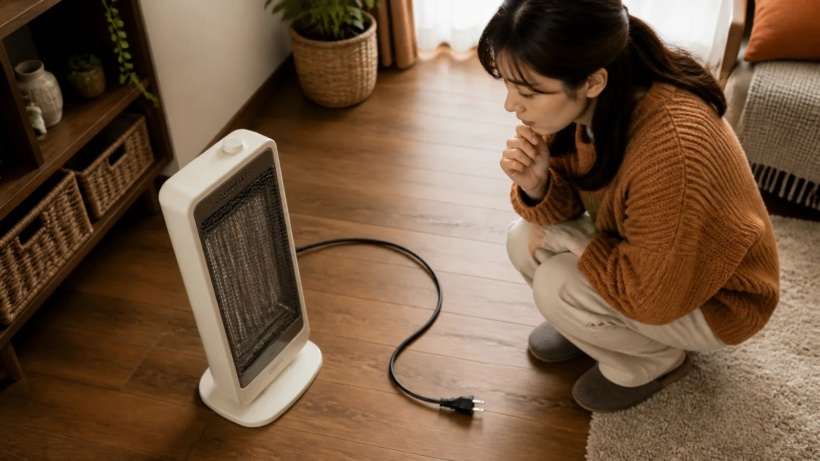 暖房器具の外観とコードを目で確認する場面