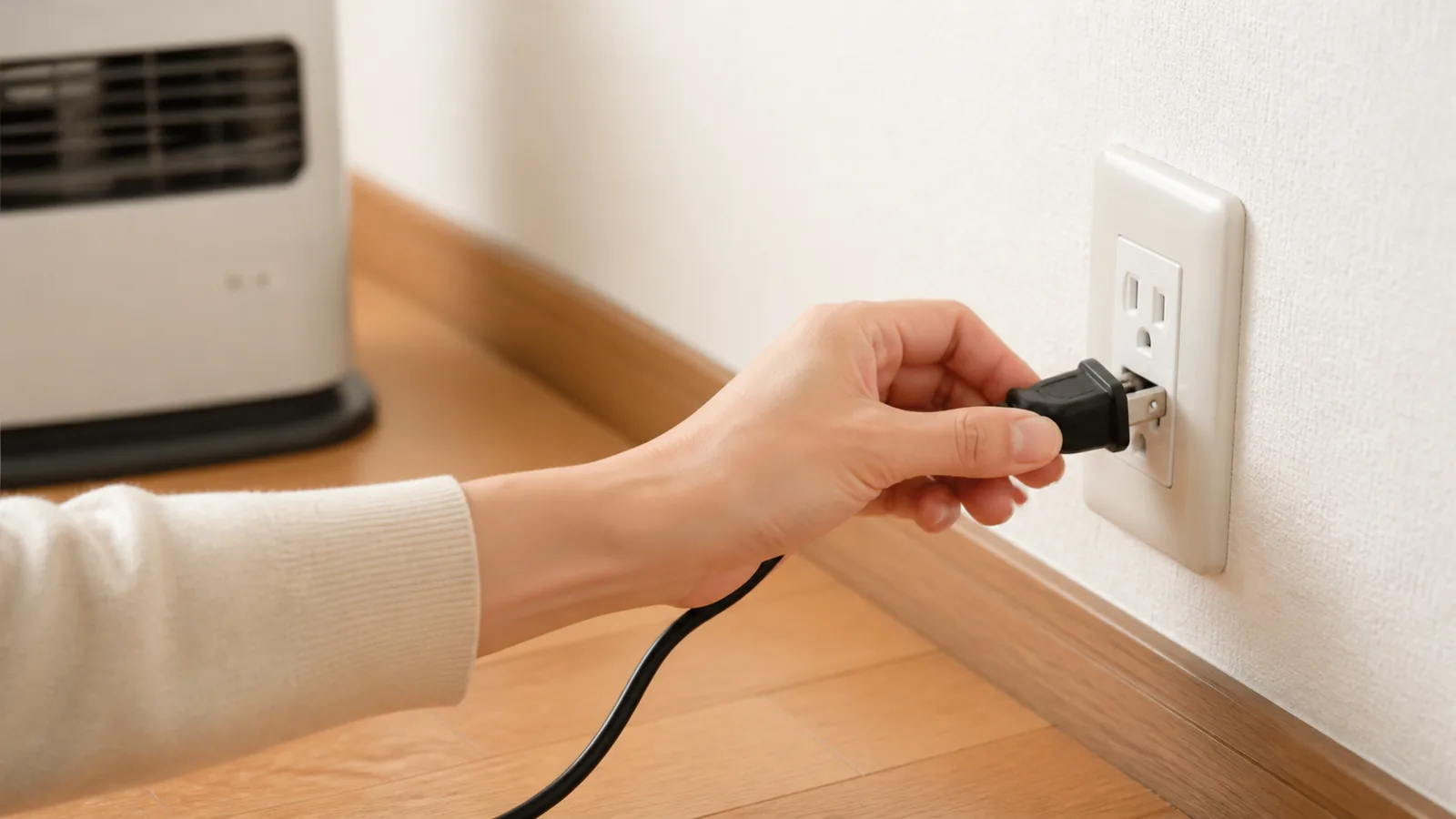 暖房器具の電源プラグを抜く手元