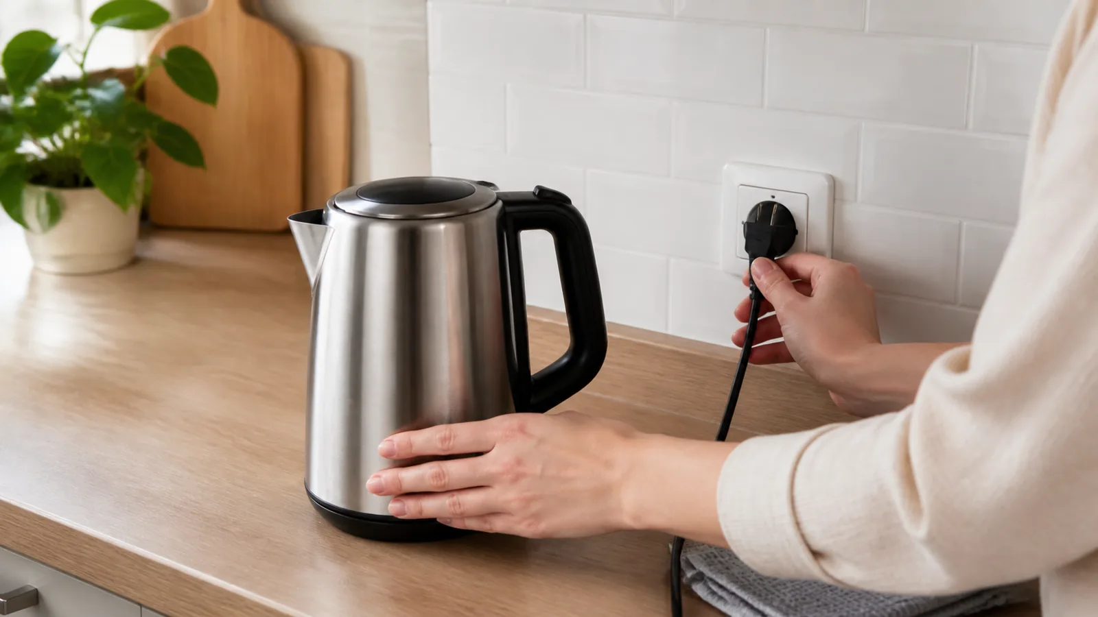 電源プラグを抜き冷ました電気ケトルを確認する手元