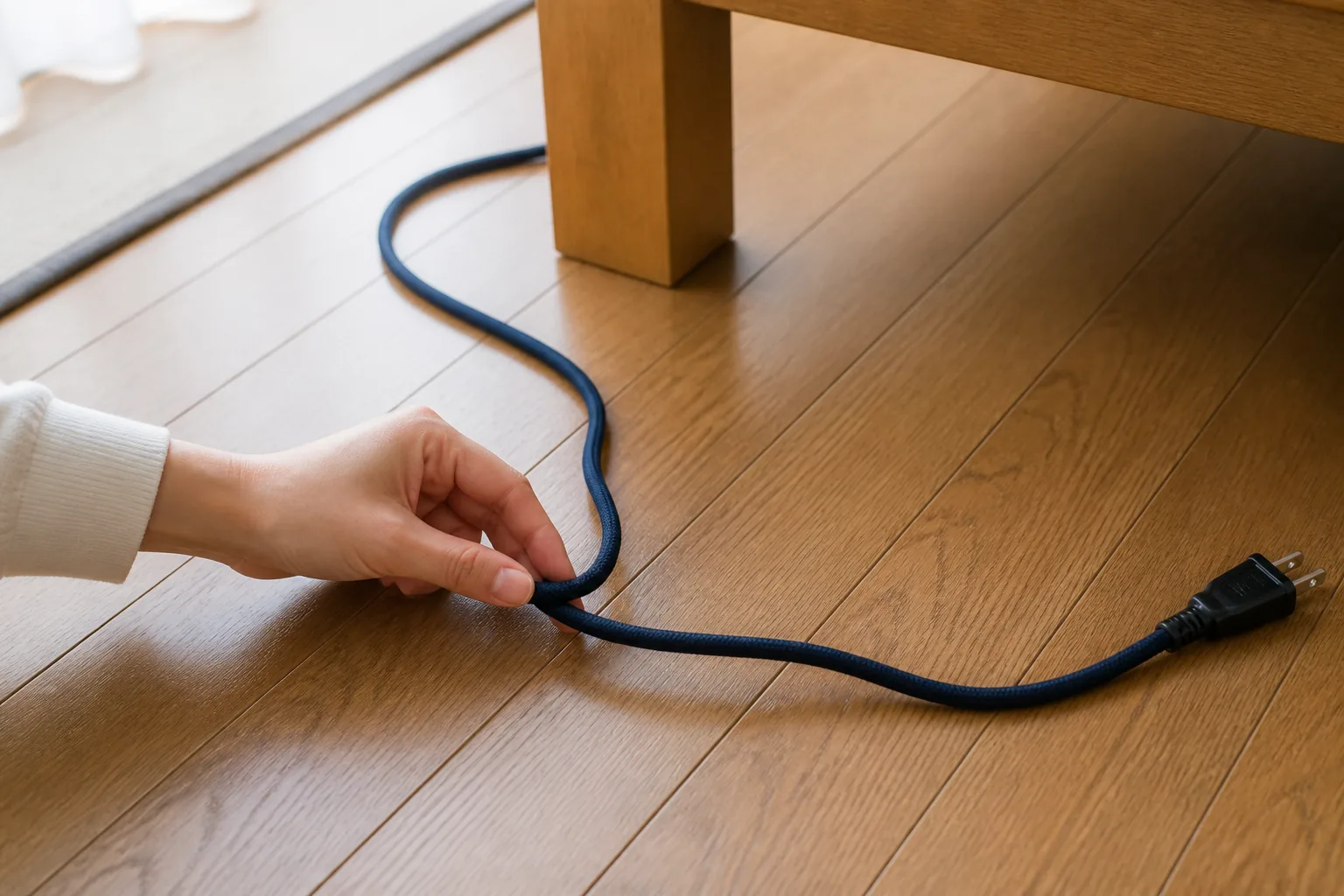 こたつの電源コードを目で確認する場面