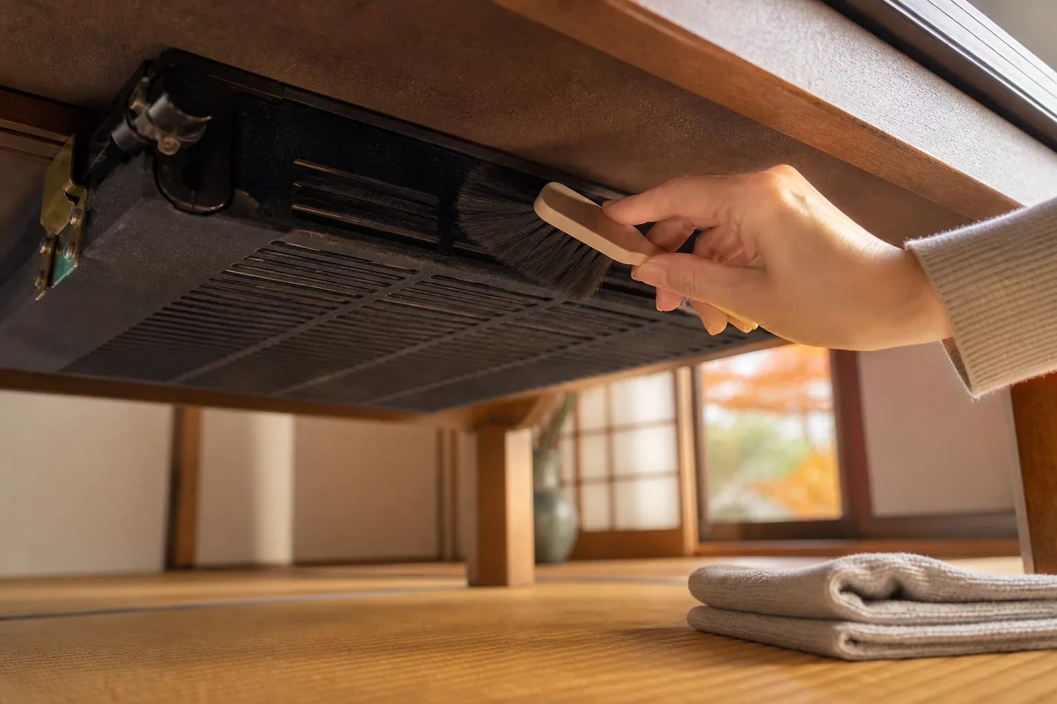こたつヒーターカバーの外側を乾いたブラシで整える場面
