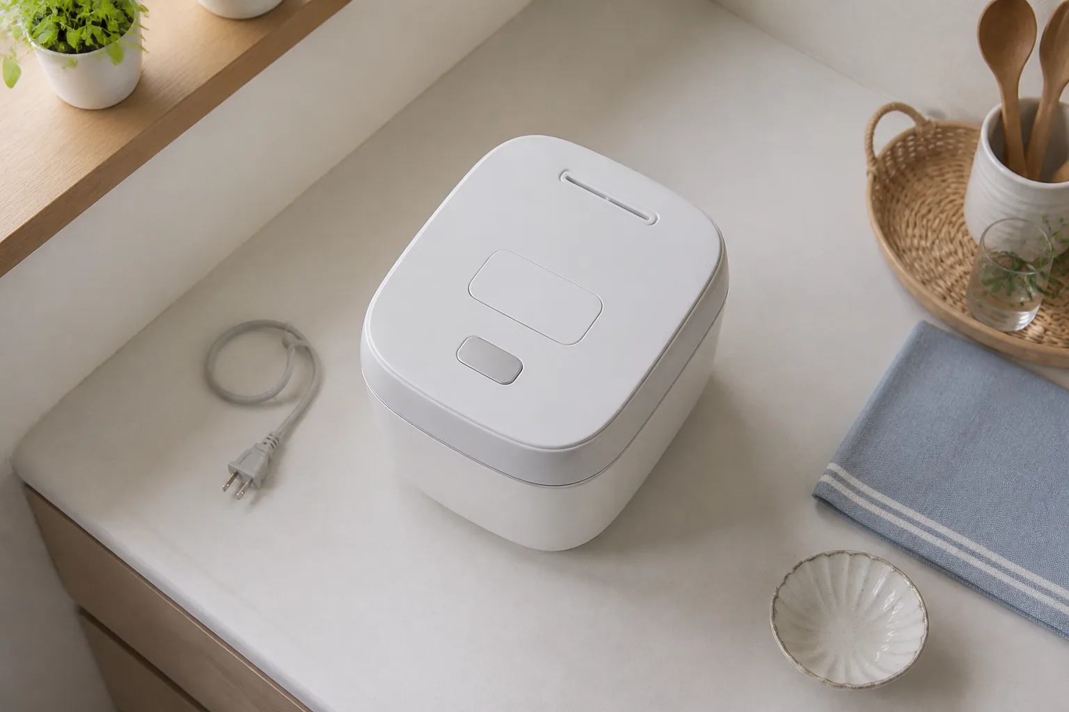 使用後に冷ましている炊飯器を斜め上から見たキッチンの場面