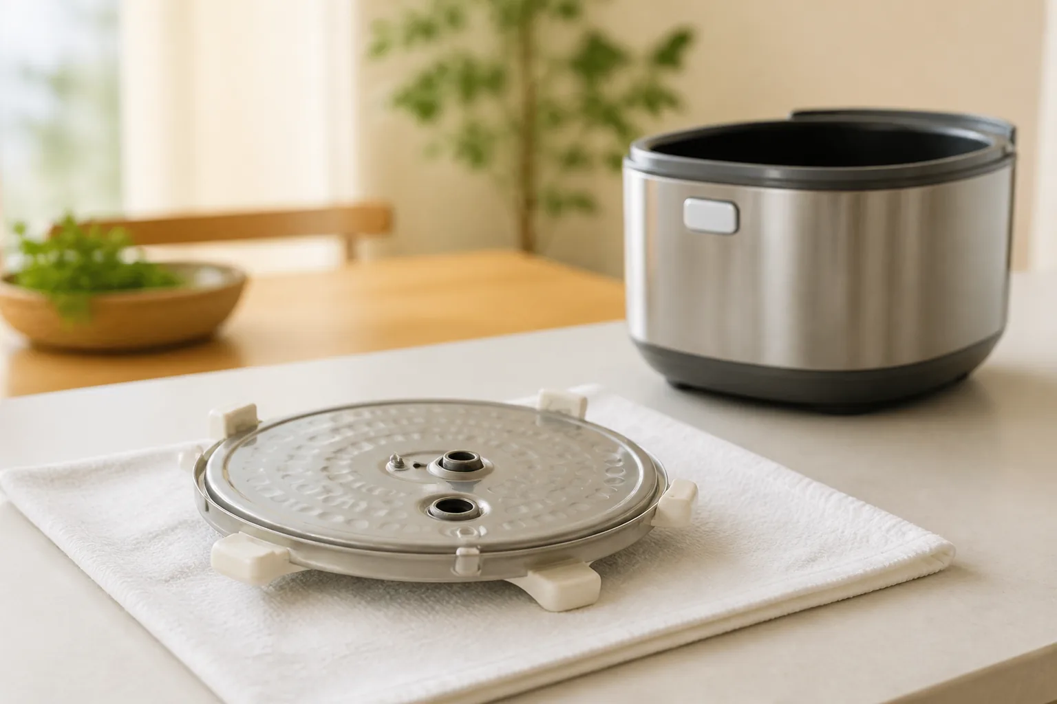 洗った炊飯器の内ぶたをタオルの上で乾かし本体から離して置く場面