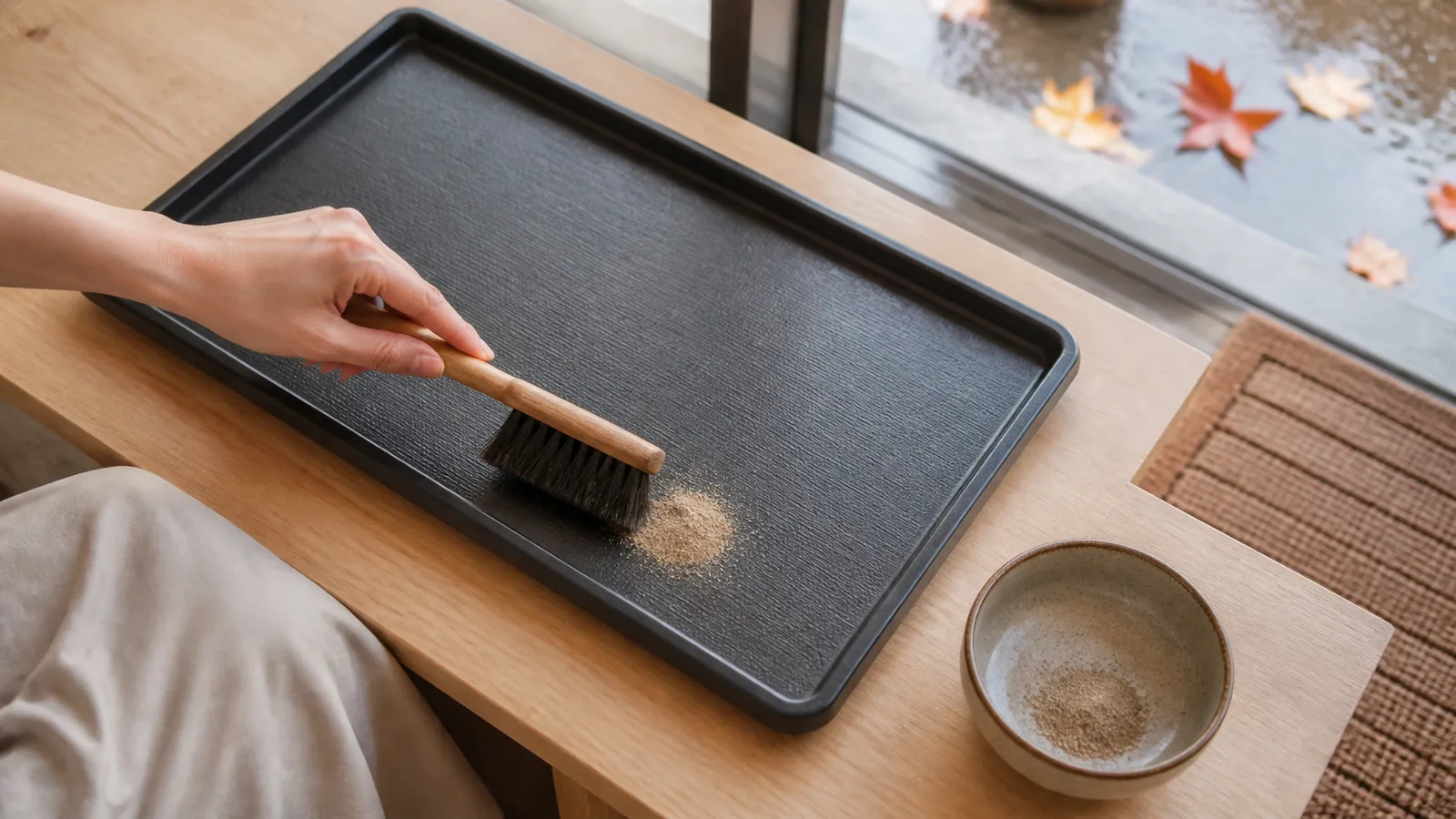 靴用トレーの乾いた砂を集める手元