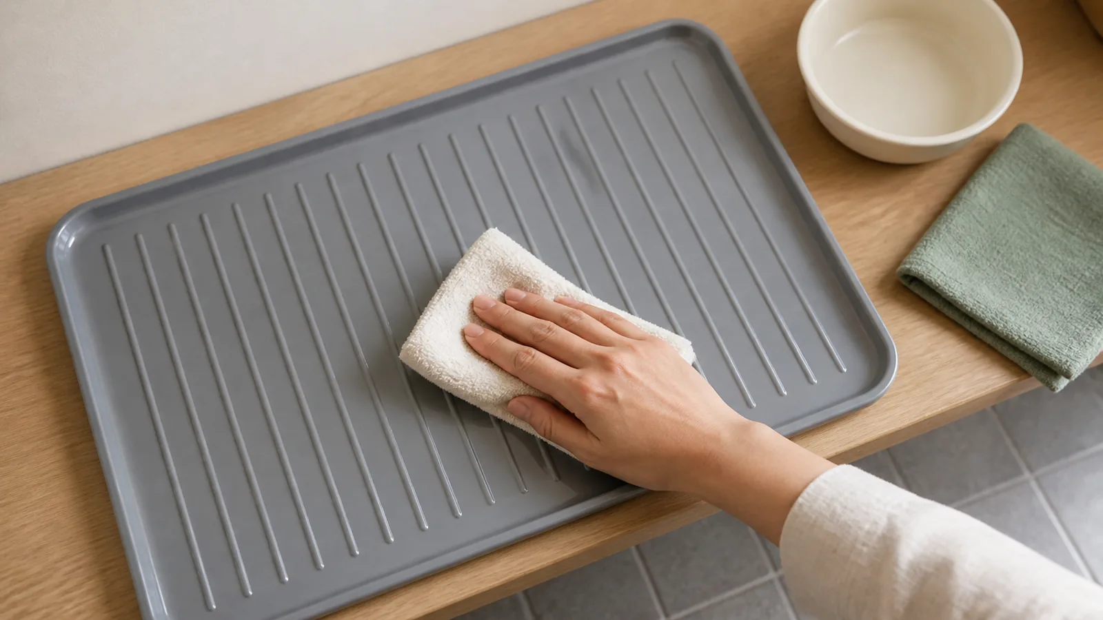 靴用トレーの表面を固く絞った布で拭く場面