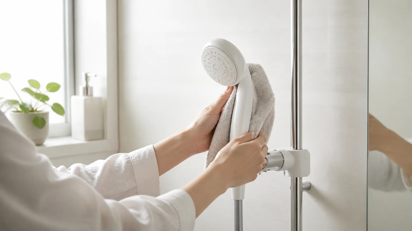 水滴を拭き取り整ったシャワーヘッドを戻した浴室