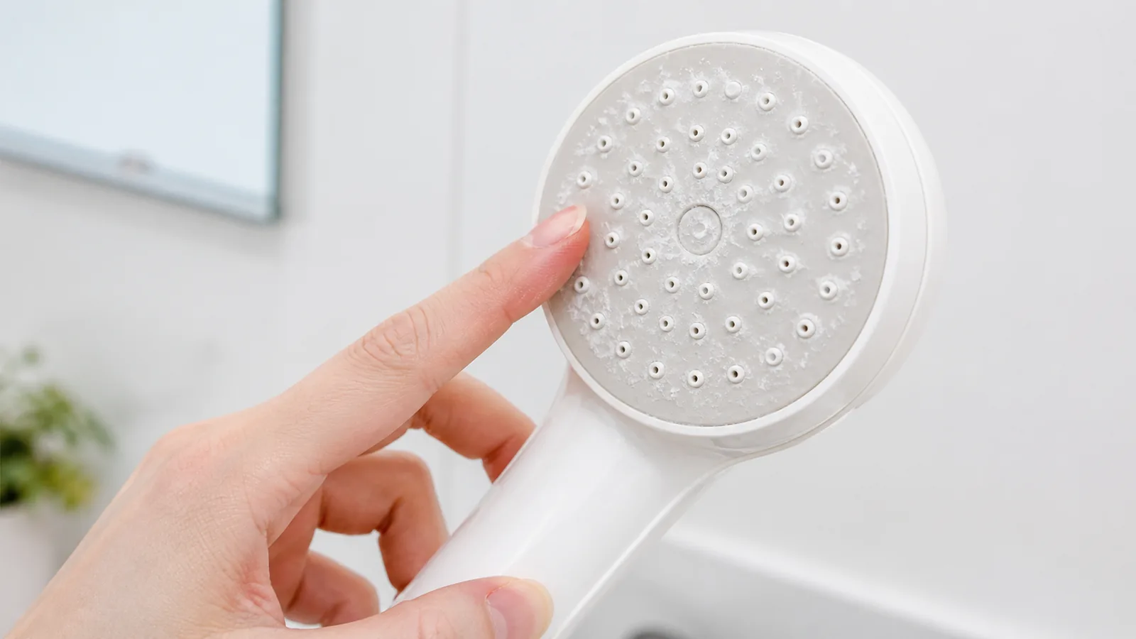 シャワーヘッドの散水板を明るい場所で確認する手元