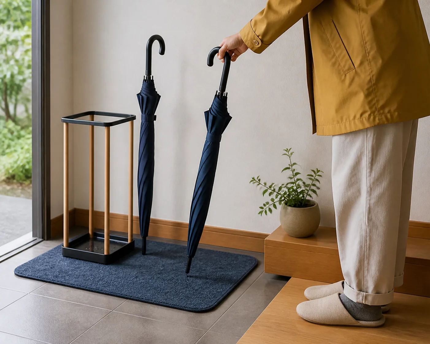 濡れた傘を傘立てから安全な場所へ移す場面
