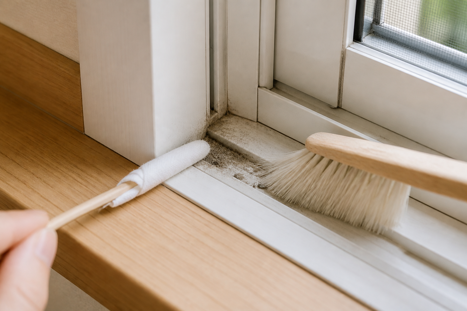 窓サッシの角をやわらかな刷毛と布を巻いた木製の道具で整える手元