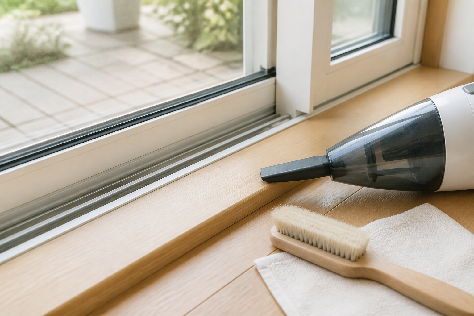 開けた窓の下枠レールと掃除機の先、やわらかな刷毛を並べた室内の手元