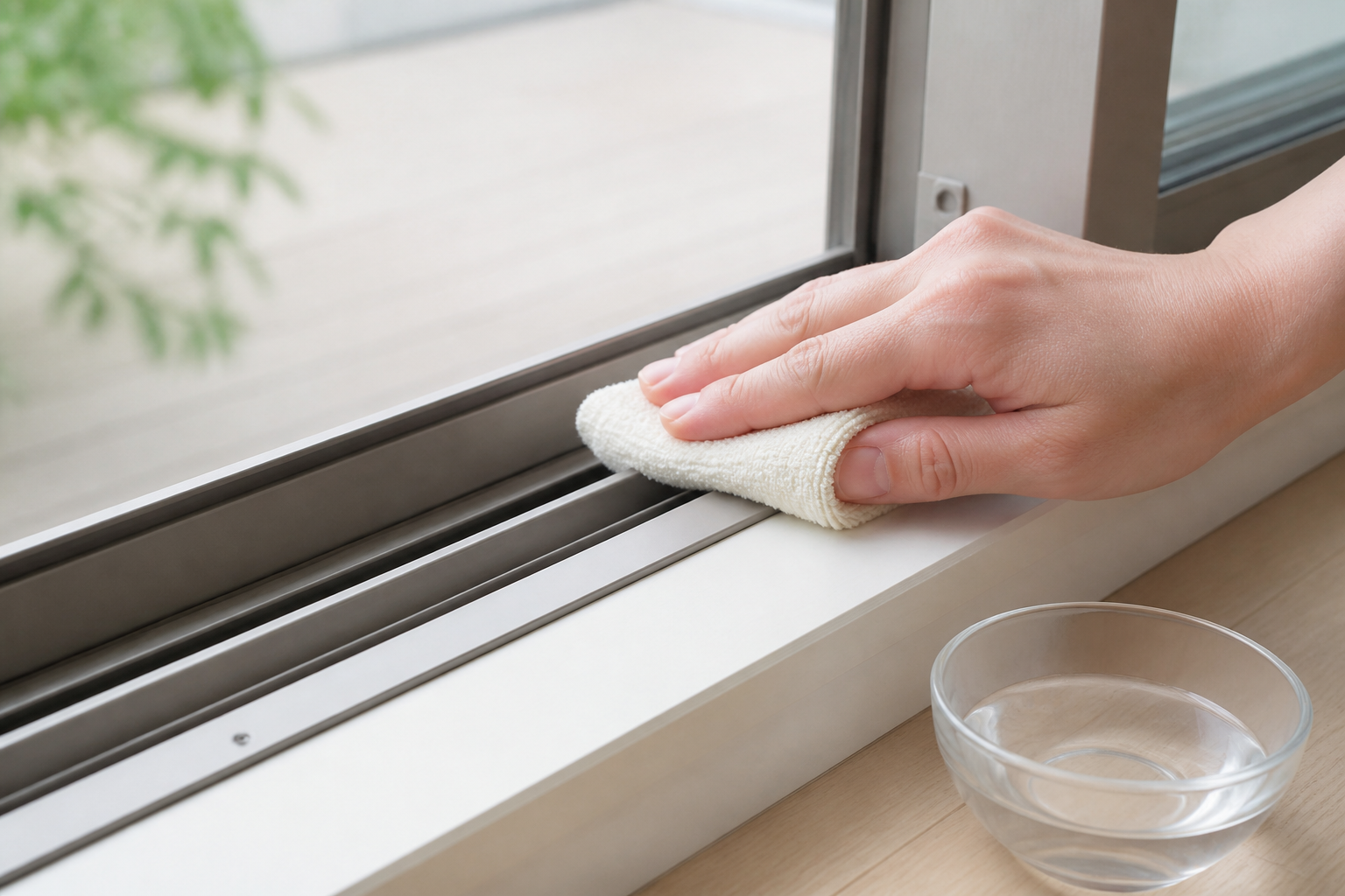 固く絞ったやわらかな布で窓サッシのレールを少量の水分で拭く手元