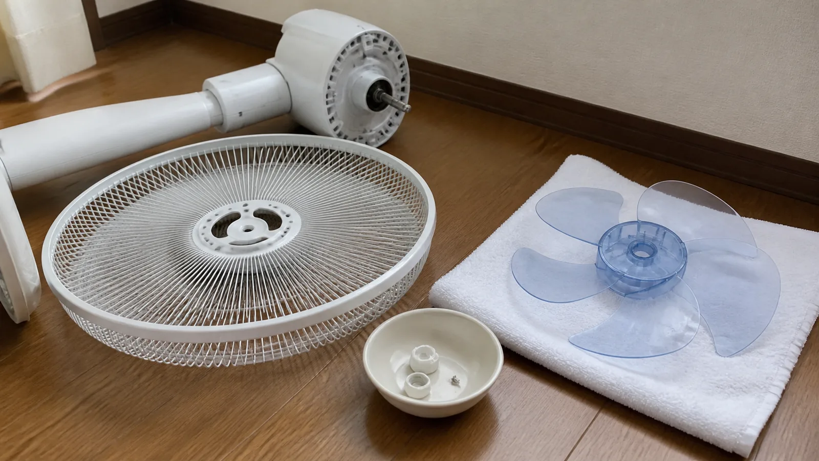 前ガードや羽根が外れるタイプでも、留め具やスピンナーの回す方向は機種で異なります。説明書の図と本体の形を見比べ、手順が一致するときだけ進めてください。固定部が固いときに工具でこじると、樹脂の留め具や羽根を傷めることがあります。