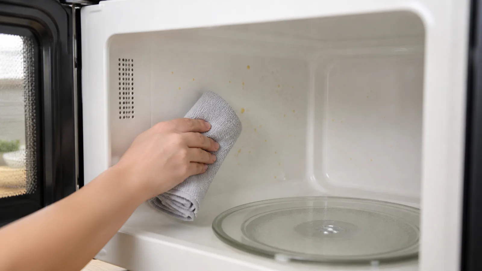 回転皿などが水洗いできる場合は、庫内とは別に洗います。食器用の中性洗剤が使えるか、熱いお湯を使ってよいかは、部品の材質と説明書に合わせます。洗った部品は、布で水気を押さえ、庫内へ戻す前に十分乾かしてください。