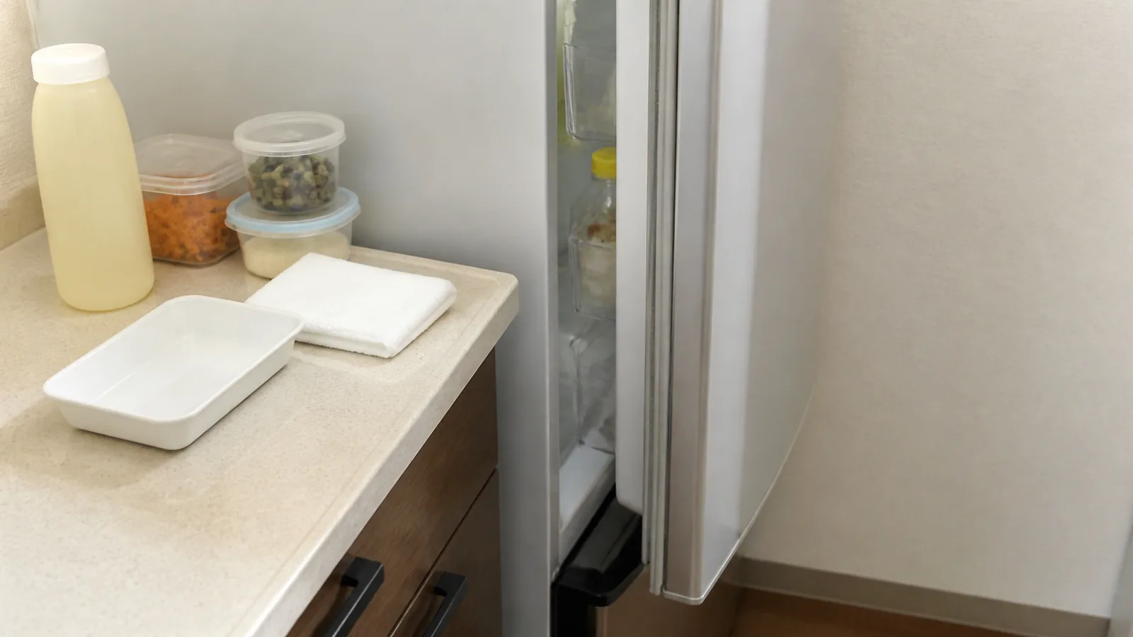 冷蔵庫の扉を開けたままにする時間を短くするため、パッキンの周りにある食品を必要な分だけ手前へ移します。全部を出す必要はありません。冷たい食品を置く清潔な場所を先に決め、作業の途中で扉を何度も開閉しないようにすると落ち着いて進められます。