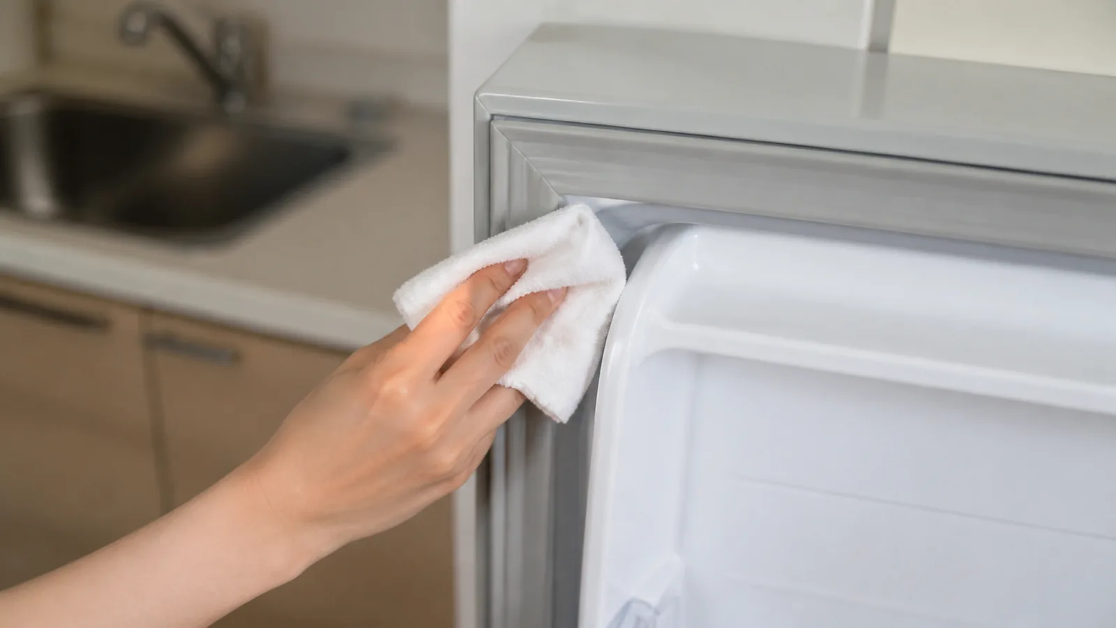 水で濡らした布は、滴らないようにしっかり絞ります。パッキンの表面、折れ目、四隅の順に、押さえて離すように拭きます。汁の跡が固いときは、布を数秒当ててから動かし、力を足さずに汚れをゆるめてみてください。
