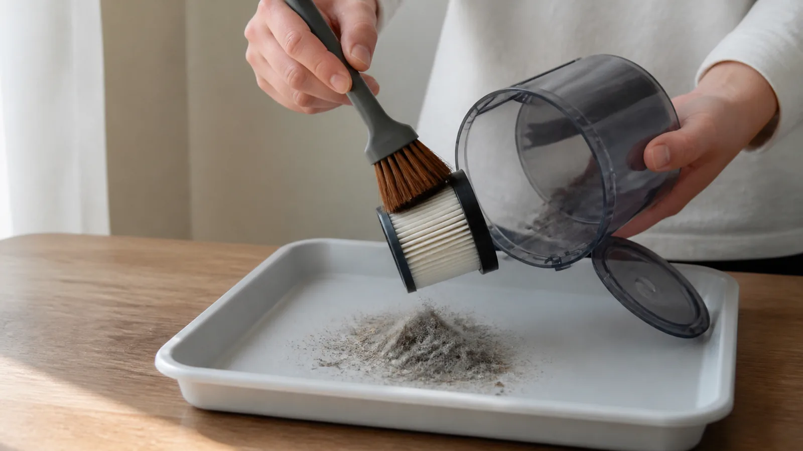ダストカップのふたを開ける前に、容器を低い位置で持ち、ほこりが舞い上がらないようにゆっくり扱います。大きなごみは紙の上へ落とし、細かな粉は付属ブラシなどで軽く払います。フィルターを強くたたくと変形や破損につながることがあるため、少しずつ動かします。