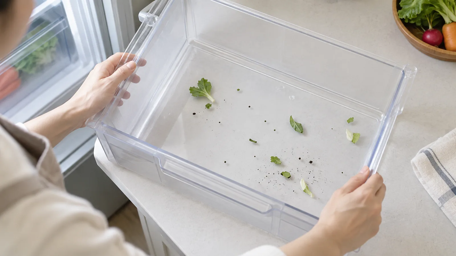 野菜室から取り外せる引き出しの底に見える乾いた葉のくずを確認する様子